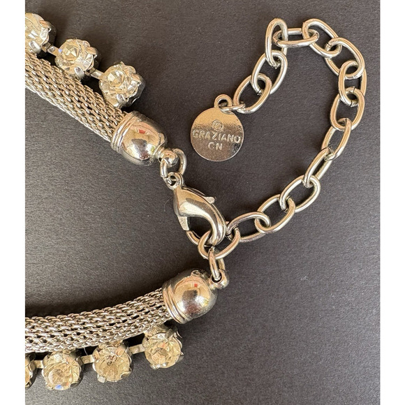 Graziano Silver Tone Mesh w/ Clear Rhinestone & Spikes Necklace Goth Biker Edgy - Picture 10 of 12